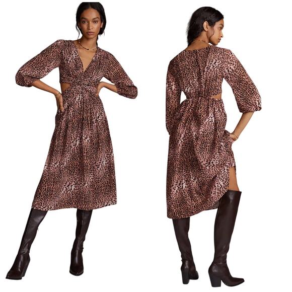 Anthropologie Ranna Gill NWT Leopard Animal Print Cut-Out Midi Dress Size S - Picture 1 of 13